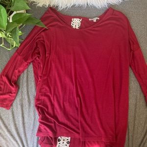 Dark Red 3/4 Sleeve Shirt with White Lace Accents